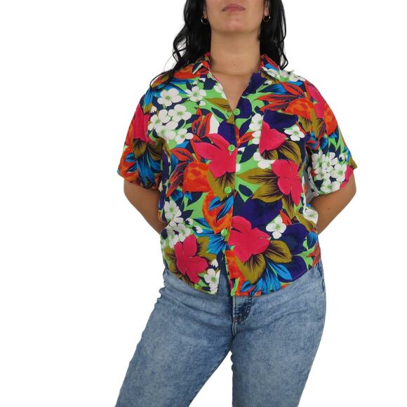 1990s Vintage Hawaiian Tropical Rainbow Floral Button Down Blouse Medium - Picture 5 of 6